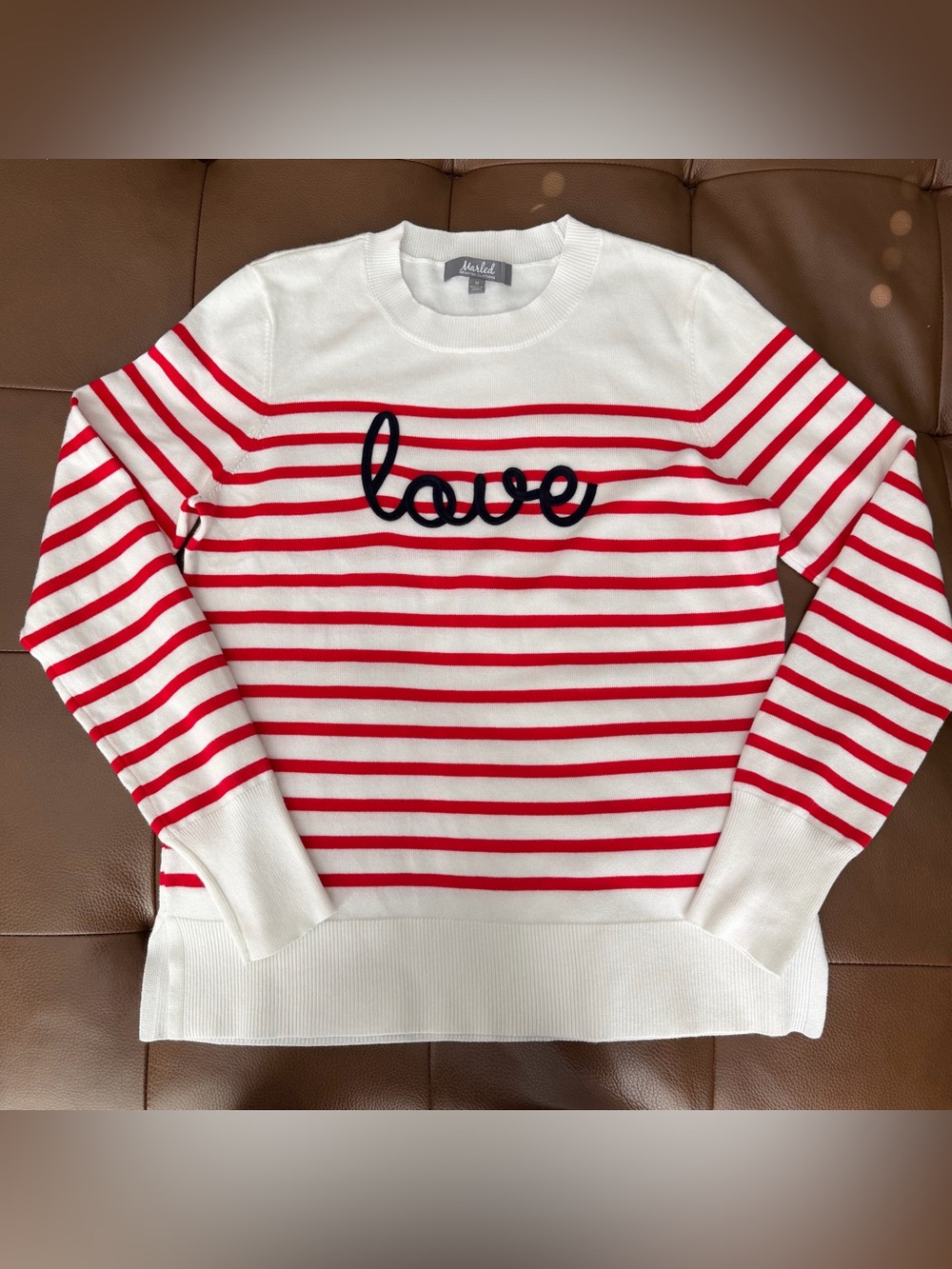 Marled White & Red Striped 'Love' Crewneck Sweater